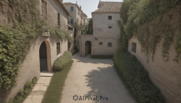 outdoors,sky,day,tree,no humans,window,shadow,grass,plant,building,scenery,door,road,bush,wall,house,street,path,cloud,blue sky,arch