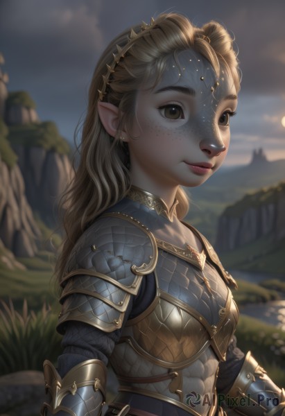 1girl,solo,long hair,looking at viewer,blonde hair,brown hair,brown eyes,jewelry,closed mouth,upper body,earrings,outdoors,sky,pointy ears,artist name,cloud,armor,blurry,lips,depth of field,blurry background,abs,elf,shoulder armor,gauntlets,freckles,circlet,breastplate,nose,fantasy,chainmail,plate armor,day,realistic