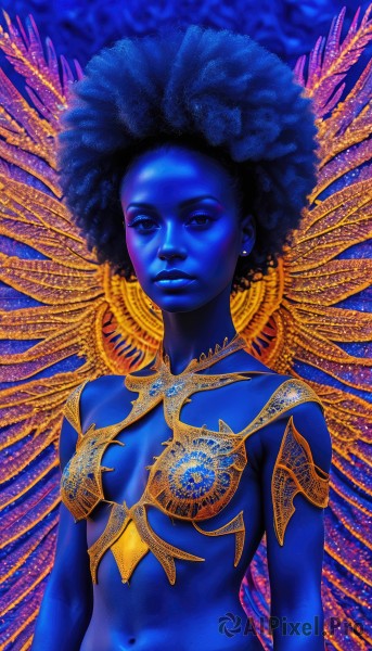 1girl,solo,breasts,looking at viewer,short hair,black hair,navel,jewelry,medium breasts,upper body,earrings,small breasts,dark skin,black eyes,dark-skinned female,lips,colored skin,curly hair,blue theme,nose,blue skin,arms at sides,very dark skin,afro,closed mouth,wings,midriff,stomach,makeup,watermark,breasts apart,bodypaint,blue lips