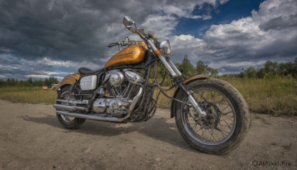 outdoors,sky,day,cloud,tree,no humans,shadow,cloudy sky,grass,ground vehicle,nature,scenery,motor vehicle,forest,road,vehicle focus,motorcycle,blue sky