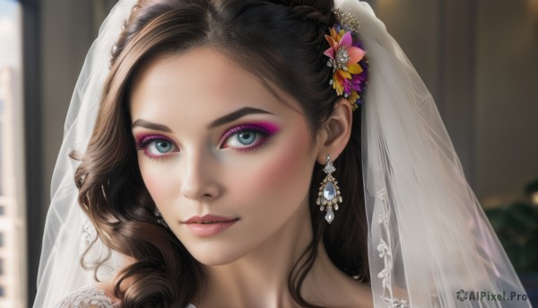 1girl,solo,long hair,looking at viewer,blush,smile,blue eyes,brown hair,hair ornament,jewelry,closed mouth,flower,earrings,hair flower,blurry,lips,eyelashes,makeup,depth of field,blurry background,lipstick,portrait,veil,close-up,forehead,eyeshadow,freckles,realistic,nose,eyeliner,bridal veil,bride,mascara,black hair,dress,braid,wedding dress