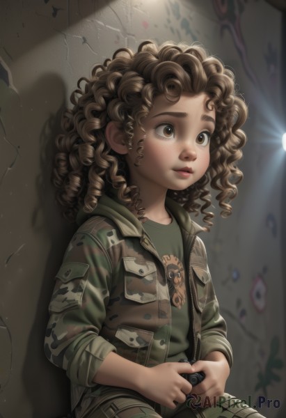 1girl,solo,long hair,brown hair,shirt,brown eyes,sitting,jacket,parted lips,pants,dark skin,medium hair,uniform,flat chest,dark-skinned female,lips,military,military uniform,shadow,looking up,child,freckles,curly hair,nose,green shirt,against wall,wall,camouflage,green pants,very dark skin,graffiti,camouflage jacket,blush,open clothes,open jacket,female child,dirty