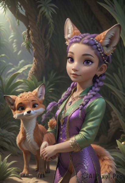 1girl,solo,long hair,breasts,looking at viewer,smile,long sleeves,dress,animal ears,twintails,jewelry,closed mouth,standing,purple eyes,tail,purple hair,braid,cowboy shot,earrings,small breasts,outdoors,day,artist name,necklace,twin braids,tree,lips,animal ear fluff,fox ears,eyelashes,fox tail,animal,leaf,sunlight,grass,plant,fox girl,nature,hair over shoulder,purple dress,pendant,forest,freckles,nose,multiple braids,vest,leotard,makeup,own hands together,claws,extra ears,forehead,stud earrings,dappled sunlight,fox,purple leotard