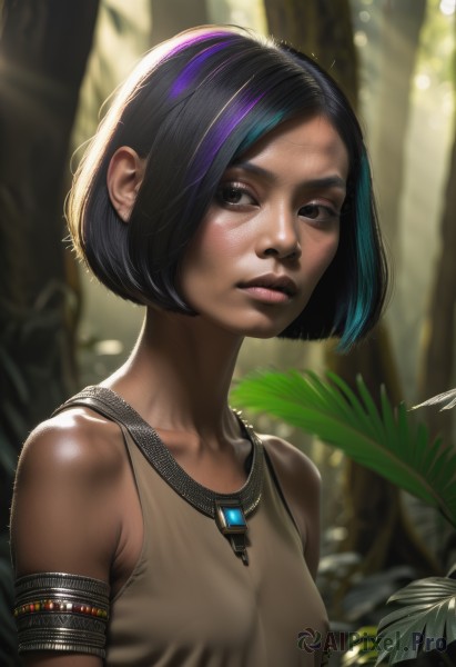 1girl,solo,breasts,looking at viewer,short hair,black hair,bare shoulders,brown eyes,jewelry,closed mouth,upper body,purple hair,multicolored hair,small breasts,outdoors,sleeveless,artist name,dark skin,necklace,blurry,black eyes,two-tone hair,dark-skinned female,tree,lips,streaked hair,blurry background,bob cut,tank top,plant,nature,armband,armlet,forest,freckles,realistic,nose,bangs,collarbone,earrings,signature,covered nipples,parted bangs,leaf,sunlight