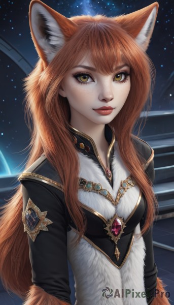 1girl,solo,long hair,breasts,looking at viewer,smile,bangs,brown hair,long sleeves,animal ears,brown eyes,jewelry,closed mouth,tail,yellow eyes,upper body,sky,artist name,orange hair,lips,animal ear fluff,fur trim,fox ears,makeup,night,fox tail,brooch,fox girl,gem,star (sky),starry sky,freckles,red lips,fur,red hair,eyelashes,realistic