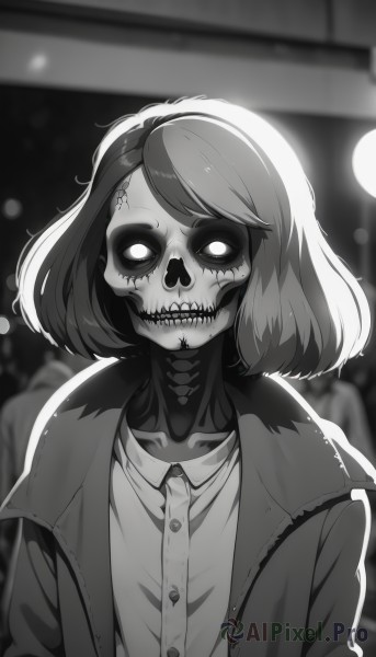 1girl,solo,looking at viewer,short hair,shirt,jacket,monochrome,upper body,greyscale,open clothes,teeth,collared shirt,medium hair,blurry,open jacket,dress shirt,mask,buttons,blurry background,skull,skeleton,zombie,horror (theme),coat,glowing,glowing eyes,stitches,stitched mouth