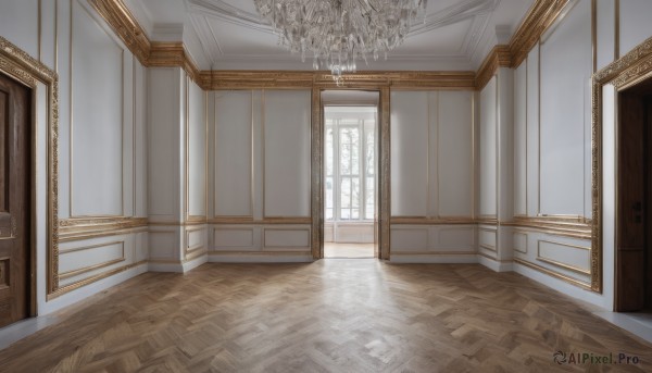 day,indoors,no humans,window,sunlight,scenery,wooden floor,stairs,door,light,candle,architecture,pillar,hallway,carpet,candlestand,reflective floor,chandelier,realistic,painting (object),floor,ceiling,still life