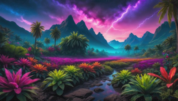 flower, outdoors, sky, cloud, water, tree, no humans, night, plant, star (sky), nature, night sky, scenery, starry sky, rock, mountain, lightning, landscape, purple sky