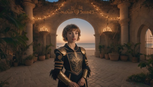 1girl,solo,looking at viewer,short hair,bangs,brown hair,black hair,long sleeves,brown eyes,jewelry,closed mouth,standing,outdoors,day,indoors,water,armor,lips,window,ocean,sunlight,plant,shoulder armor,scenery,pauldrons,breastplate,fantasy,potted plant,candle,pillar,arch,smile,upper body,earrings,parted lips,sky,teeth,signature,mole,own hands together,backlighting,pavement