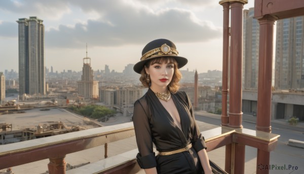 1girl,solo,breasts,looking at viewer,short hair,bangs,brown hair,hat,dress,cleavage,brown eyes,jewelry,medium breasts,closed mouth,upper body,earrings,outdoors,sky,day,belt,cloud,medium hair,water,necklace,black dress,lips,looking to the side,black headwear,makeup,cloudy sky,lipstick,goggles,building,scenery,curly hair,city,realistic,railing,red lips,cityscape,looking afar,bridge,standing,small breasts,mole,river,skyscraper,skyline