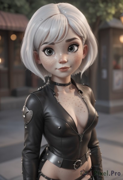 1girl,solo,breasts,looking at viewer,smile,short hair,bangs,gloves,long sleeves,navel,cleavage,medium breasts,closed mouth,underwear,standing,collarbone,panties,jacket,upper body,white hair,heart,cowboy shot,small breasts,outdoors,choker,day,black gloves,midriff,belt,artist name,blurry,black eyes,lips,black jacket,grey eyes,black panties,eyelashes,no bra,bodysuit,makeup,depth of field,blurry background,black choker,thick eyebrows,spikes,zipper,freckles,cropped jacket,arms at sides,unzipped,leather,leather jacket,mascara,body freckles,shiny