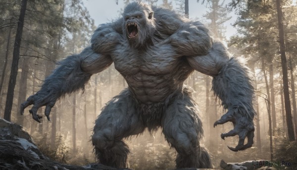 solo,open mouth,1boy,yellow eyes,male focus,outdoors,teeth,tree,no humans,muscular,glowing,colored skin,fangs,abs,sharp teeth,muscular male,nature,glowing eyes,claws,forest,veins,topless male,monster,giant,tusks,werewolf,standing,day,furry,rock,realistic,wolf,bear