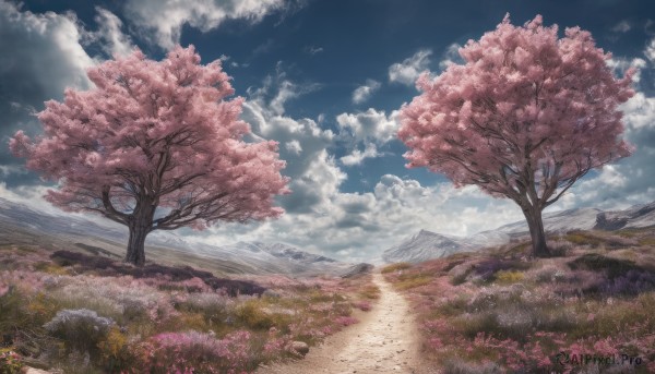 flower, outdoors, sky, day, cloud, tree, blue sky, no humans, cloudy sky, grass, cherry blossoms, nature, scenery, mountain, road, field, landscape, path