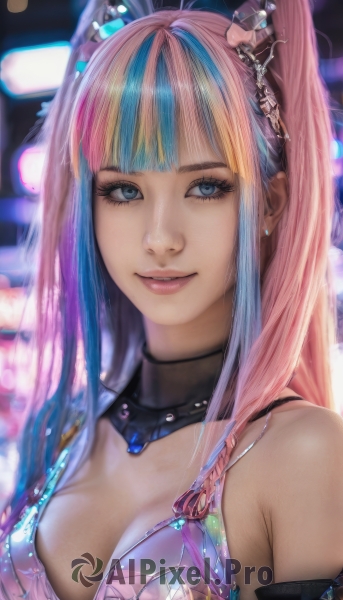 1girl,solo,long hair,breasts,looking at viewer,smile,bangs,blue eyes,hair ornament,cleavage,bare shoulders,twintails,jewelry,medium breasts,blue hair,upper body,pink hair,multicolored hair,earrings,blunt bangs,blurry,two-tone hair,lips,streaked hair,eyelashes,blurry background,realistic,nose,blonde hair,sidelocks,parted lips,artist name,signature,collar,makeup,detached collar,portrait,pink lips,mascara,cyberpunk