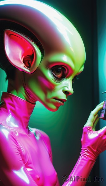 1girl,solo,breasts,short hair,gloves,brown eyes,upper body,small breasts,parted lips,covered nipples,lips,bodysuit,mask,colored skin,helmet,skin tight,science fiction,realistic,green skin,latex,alien,pink skin,pink bodysuit,latex bodysuit,looking at viewer,nipples,from side,bald,pink gloves,latex gloves