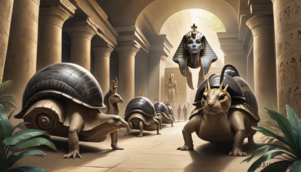 standing,multiple boys,indoors,cape,no humans,animal,plant,claws,pillar,statue,egyptian,turtle,lion,column,black hair,1boy,tail,male focus,horns,shield,robe,throne,egyptian clothes,arch