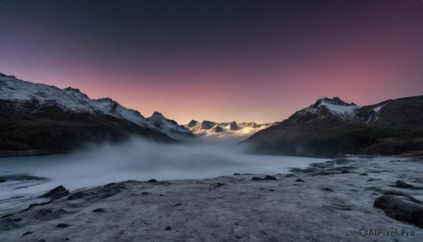 outdoors,sky,water,no humans,night,star (sky),night sky,scenery,snow,starry sky,sunset,rock,mountain,winter,river,landscape,mountainous horizon,gradient sky,reflection