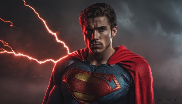 solo,looking at viewer,short hair,brown hair,black hair,1boy,closed mouth,upper body,male focus,cloud,cape,black eyes,bodysuit,blood,muscular,realistic,red cape,superhero,lightning,signature,facial hair,serious,manly