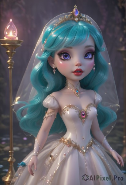 1girl,solo,long hair,breasts,looking at viewer,blush,bangs,blue eyes,dress,cleavage,jewelry,blue hair,standing,collarbone,short sleeves,cowboy shot,earrings,small breasts,parted lips,detached sleeves,teeth,choker,puffy sleeves,artist name,necklace,nail polish,white dress,blurry,puffy short sleeves,lips,fingernails,see-through,eyelashes,strapless,aqua hair,makeup,detached collar,depth of field,blurry background,swept bangs,tiara,crown,lipstick,brooch,gem,veil,strapless dress,eyeshadow,wedding dress,red lips,bridal veil,blue gemstone,mascara,piercing,bridal gauntlets,candle,bride