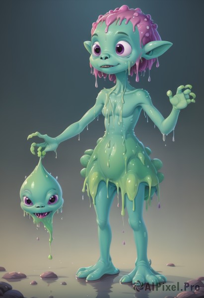 1girl,solo,breasts,smile,short hair,open mouth,multiple girls,navel,2girls,standing,purple eyes,collarbone,full body,pink hair,nude,small breasts,teeth,pointy ears,wet,gradient,gradient background,colored skin,fangs,sharp teeth,monster girl,blue skin,claw pose,green skin,dripping,slime (substance),no nipples,slime girl,fewer digits,goblin,kappa,parted lips,flat chest