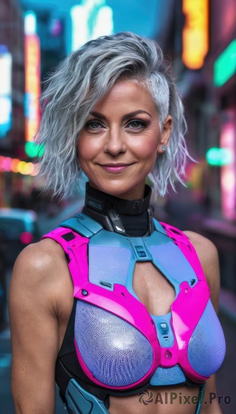 1girl,solo,breasts,looking at viewer,smile,short hair,cleavage,brown eyes,jewelry,medium breasts,closed mouth,upper body,grey hair,earrings,midriff,blurry,lips,crop top,clothing cutout,makeup,blurry background,cleavage cutout,lipstick,science fiction,realistic,nose,cyberpunk,bare shoulders,white hair,multicolored hair,small breasts,artist name,depth of field,eyeshadow,freckles,stud earrings,neon lights