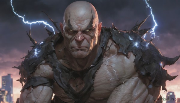 solo,looking at viewer,1boy,closed mouth,yellow eyes,upper body,male focus,outdoors,sky,cloud,armor,torn clothes,muscular,glowing,scar,abs,cloudy sky,pectorals,muscular male,building,bara,glowing eyes,scar on face,veins,city,realistic,black sclera,electricity,bald,manly,lightning,veiny arms,horns,pointy ears,colored skin