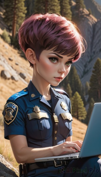 1girl,solo,breasts,looking at viewer,blush,short hair,bangs,brown hair,shirt,jewelry,medium breasts,sitting,closed mouth,green eyes,pink hair,short sleeves,earrings,outdoors,parted lips,day,collared shirt,belt,pants,blurry,uniform,tree,lips,eyelashes,makeup,blurry background,thick eyebrows,crossed legs,blue shirt,lipstick,freckles,pocket,red lips,stud earrings,breast pocket,computer,badge,police,police uniform,laptop,policewoman,patch,purple hair,small breasts,watermark,web address,nose,emblem,blue pants,very short hair