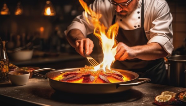 solo,shirt,1boy,holding,white shirt,male focus,food,glasses,tongue,indoors,tongue out,blurry,apron,blurry background,facial hair,bottle,fire,beard,sleeves rolled up,bowl,head out of frame,cooking,kitchen,sleeves pushed up,frying pan,arm hair,black apron,chef,black hair,long sleeves,upper body,buttons,depth of field,table,knife,black-framed eyewear,mature male,mustache,old,old man,steak