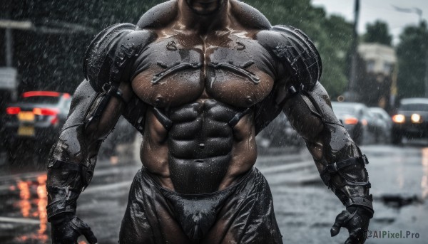 solo,gloves,1boy,standing,male focus,cowboy shot,outdoors,armor,blurry,wet,muscular,blurry background,abs,helmet,pectorals,robot,muscular male,ground vehicle,shoulder armor,building,bara,facing viewer,motor vehicle,large pectorals,science fiction,rain,realistic,head out of frame,car,police,navel,nipples,thighs,pants,stomach,feet out of frame,scar,thick thighs,bulge,topless male,road,mechanical arms,bare pectorals,navel hair,thick arms