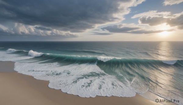 outdoors,sky,day,cloud,water,blue sky,no humans,ocean,beach,sunlight,cloudy sky,scenery,sunset,mountain,sand,sun,horizon,waves,landscape,shore,sunrise,monochrome