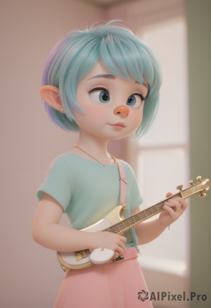 1girl,solo,blush,smile,short hair,bangs,blue eyes,skirt,shirt,holding,jewelry,closed mouth,blue hair,standing,short sleeves,earrings,pointy ears,indoors,necklace,blurry,flat chest,bracelet,lips,eyelashes,aqua hair,depth of field,blurry background,blue shirt,instrument,child,pink skirt,freckles,green shirt,music,guitar,female child,playing instrument,holding instrument,aqua shirt,upper body,artist name,t-shirt,nose