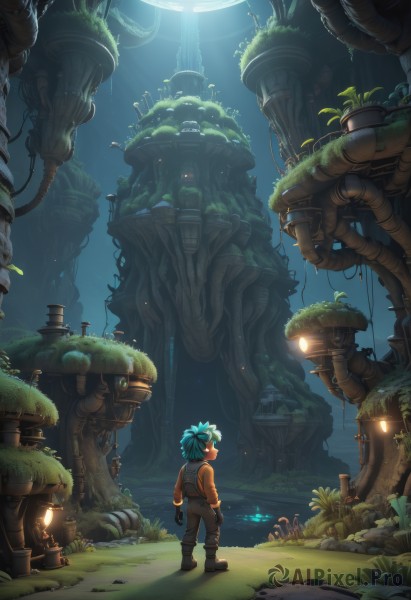 solo,gloves,1boy,blue hair,standing,male focus,boots,outdoors,green hair,pants,water,from behind,tree,aqua hair,glowing,grass,plant,robot,goggles,nature,scenery,science fiction,goggles on head,light rays,lantern,rock,fantasy,light,ruins,wide shot,waterfall,overgrown,1girl,bow,ponytail,looking back,dark skin,night,brown gloves