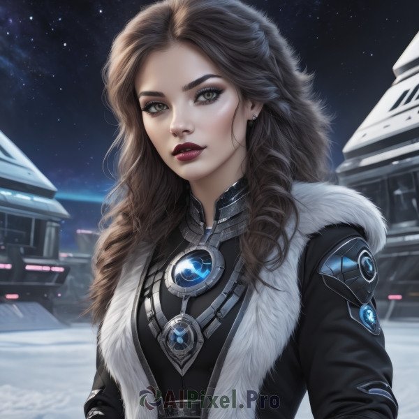 1girl,solo,long hair,breasts,looking at viewer,brown hair,brown eyes,jewelry,upper body,earrings,outdoors,sky,necklace,lips,coat,fur trim,bodysuit,makeup,night,lipstick,building,gem,star (sky),night sky,snow,eyeshadow,starry sky,curly hair,nose,winter clothes,red lips,winter,black hair,green eyes,jacket,parted lips,artist name,signature,eyelashes,watermark,thick eyebrows,fur collar,snowing,realistic,emblem