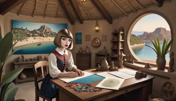 1girl,solo,looking at viewer,short hair,bangs,brown hair,shirt,long sleeves,dress,sitting,closed mouth,white shirt,indoors,blunt bangs,water,black eyes,cup,lips,book,window,makeup,blue dress,chair,table,bob cut,plant,lipstick,scenery,desk,teacup,wooden floor,mountain,clock,red lips,potted plant,lamp,teapot,vase,picture frame,painting (object),map,picture (object),globe,hair ornament,brown eyes,sky,day,hairclip,tree,ocean,fantasy,candle,watercraft,boat,jar,drawer,candlestand,cactus,inkwell