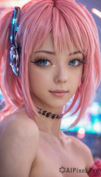 1girl,solo,breasts,looking at viewer,smile,short hair,bangs,blue eyes,cleavage,bare shoulders,twintails,medium breasts,closed mouth,upper body,pink hair,nude,choker,blurry,lips,eyelashes,depth of field,blurry background,headphones,portrait,realistic,nose,long hair,makeup,close-up