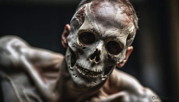 solo,looking at viewer,1boy,collarbone,male focus,teeth,blurry,mask,portrait,skull,realistic,skeleton,horror (theme),simple background,upper body,black eyes,black background,veins