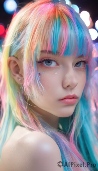 1girl,solo,long hair,looking at viewer,bangs,blue eyes,blonde hair,bare shoulders,jewelry,closed mouth,blue hair,upper body,pink hair,multicolored hair,earrings,blunt bangs,blurry,black eyes,from side,two-tone hair,lips,grey eyes,eyelashes,aqua hair,makeup,depth of field,blurry background,portrait,eyeshadow,freckles,realistic,nose,bokeh,rainbow hair,streaked hair,watermark,facial mark,mascara