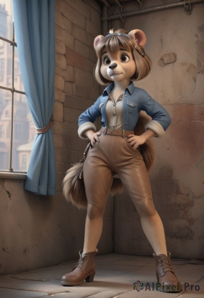 1girl,solo,breasts,looking at viewer,smile,short hair,bangs,brown hair,shirt,hair ornament,long sleeves,animal ears,brown eyes,closed mouth,standing,collarbone,jacket,tail,full body,white shirt,sidelocks,small breasts,boots,outdoors,open clothes,shoes,day,shiny,collared shirt,belt,pants,artist name,indoors,signature,blurry,high heels,two-tone hair,open jacket,animal ear fluff,looking to the side,window,:3,buttons,blurry background,watermark,brown footwear,happy,bob cut,curtains,blue jacket,goggles,furry,sleeves rolled up,cross-laced footwear,zipper,legs apart,pocket,hands on hips,furry female,retro artstyle,shirt tucked in,breast pocket,raccoon ears,body fur,leather,brown pants,raccoon tail,white fur,brick wall,animal nose,snout,brown fur,collared jacket,squirrel ears,squirrel tail,raccoon girl,cleavage,jewelry,medium breasts,earrings,parted lips,teeth,blunt bangs,black eyes,shiny hair,sunlight,antenna hair,denim,freckles,cropped jacket,jeans,wall,two-tone fur,denim jacket