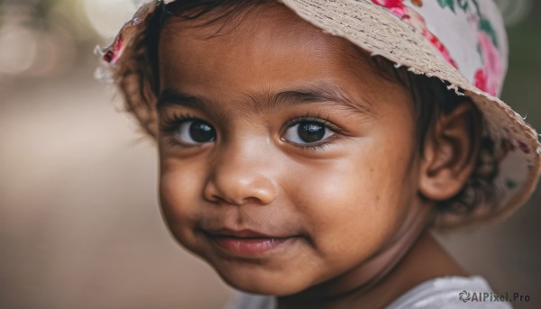 1girl,solo,looking at viewer,short hair,brown hair,black hair,hat,jewelry,closed mouth,white shirt,blurry,black eyes,lips,depth of field,blurry background,child,portrait,close-up,sun hat,realistic,nose,straw hat,female child,old woman,smile,brown eyes