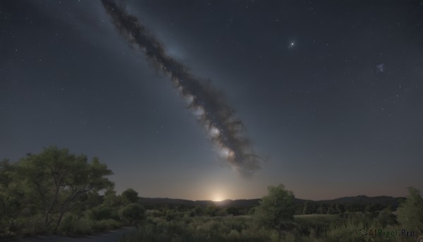 outdoors,sky,artist name,cloud,signature,star (symbol),tree,no humans,night,grass,fire,star (sky),nature,night sky,scenery,forest,smoke,starry sky,mountain,sun,aircraft,airplane,landscape,shooting star,milky way