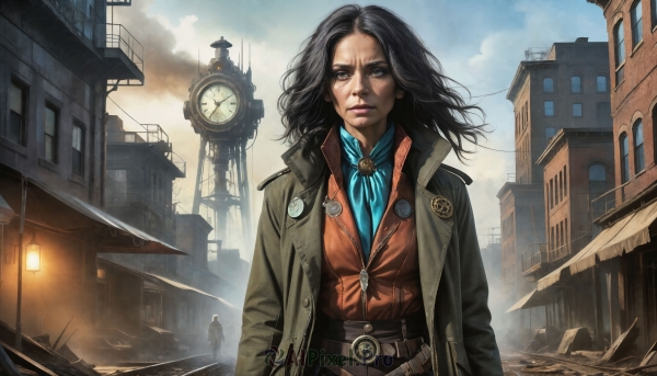 HQ,1girl,solo,long hair,looking at viewer,blue eyes,shirt,black hair,jewelry,jacket,upper body,outdoors,open clothes,sky,solo focus,day,belt,cloud,lips,coat,neckerchief,scar,cloudy sky,wind,building,scar on face,buckle,smoke,open coat,city,realistic,nose,scar across eye,clock,tower,clock tower,weapon,scarf,vest,badge