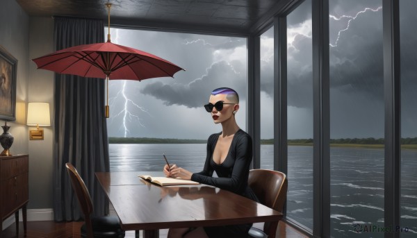 1girl,solo,breasts,short hair,long sleeves,dress,holding,cleavage,jewelry,medium breasts,sitting,collarbone,purple hair,earrings,sky,pointy ears,cloud,indoors,water,black dress,window,makeup,ocean,umbrella,chair,table,sunglasses,cloudy sky,curtains,scenery,desk,rain,paper,pen,lamp,very short hair,pencil,lightning,holding pen,painting (object),writing,picture (object),desk lamp,large breasts,multicolored hair,signature,phone,piercing,formal,lipstick,reflection,oil-paper umbrella,photo (object),waves,portrait (object),nib pen (object)