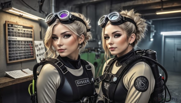 looking at viewer,short hair,multiple girls,blonde hair,2girls,brown eyes,jewelry,upper body,earrings,indoors,bag,blurry,uniform,lips,grey eyes,bodysuit,backpack,goggles,goggles on head,folded ponytail,realistic,bulletproof vest,shirt,parted lips,vest,makeup,eyeshadow,cable,police