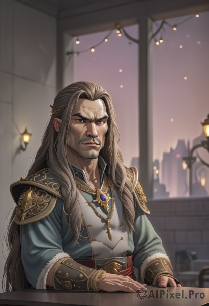 solo,long hair,looking at viewer,brown hair,hair ornament,long sleeves,1boy,brown eyes,jewelry,very long hair,closed mouth,upper body,male focus,artist name,indoors,necklace,armor,blurry,black eyes,window,night,blurry background,facial hair,table,thick eyebrows,shoulder armor,gem,beard,lamp,bracer,sitting,grey hair,frown,cross,serious,manly