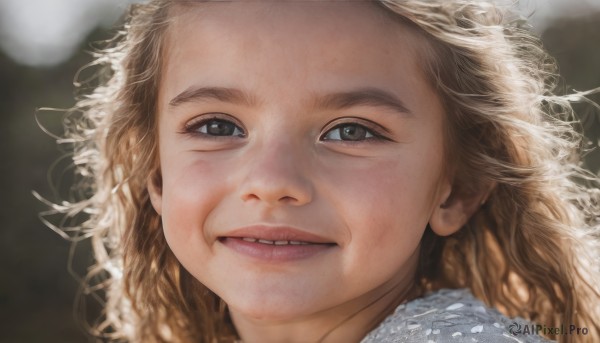 1girl,solo,long hair,looking at viewer,smile,blonde hair,brown hair,brown eyes,braid,parted lips,teeth,blurry,lips,blurry background,messy hair,portrait,close-up,curly hair,realistic,nose,open mouth,eyelashes