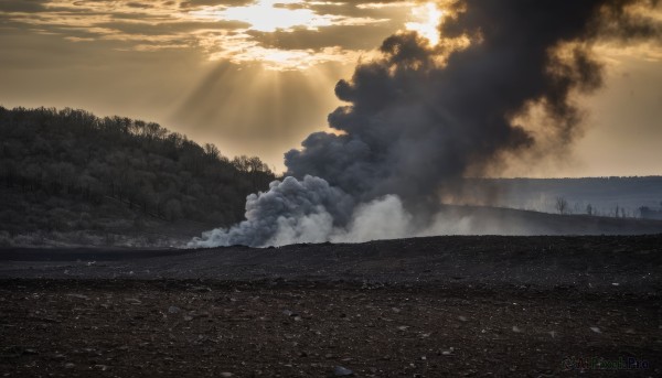 outdoors,sky,cloud,water,tree,no humans,ocean,sunlight,cloudy sky,nature,scenery,forest,smoke,sunset,light rays,sun,military vehicle,landscape,day,horizon,sunbeam