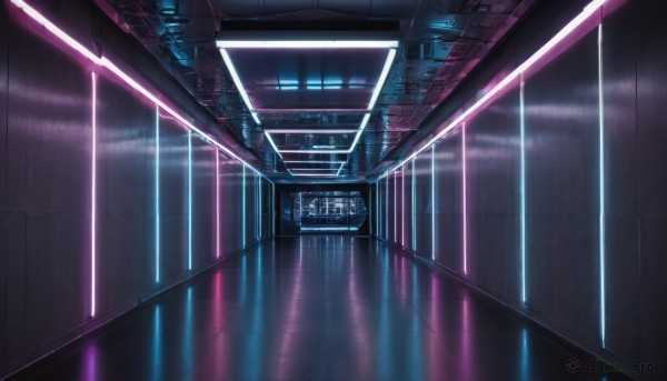 indoors,no humans,window,night,building,scenery,reflection,science fiction,light,skyscraper,city lights,hallway,lights,neon lights,english text,glowing,from above,realistic,cable,laser,hologram