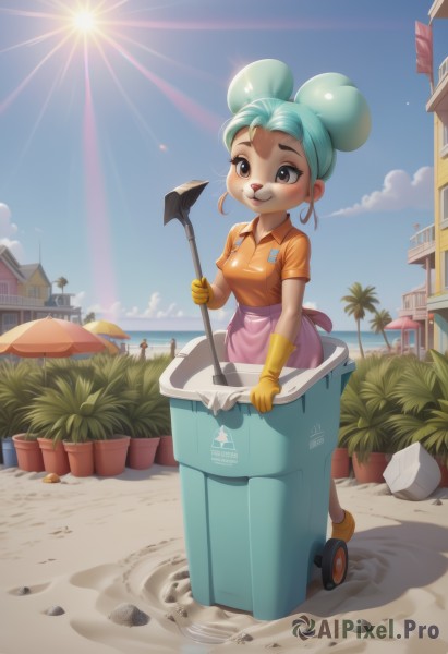 1girl,solo,breasts,blush,smile,short hair,skirt,shirt,gloves,holding,animal ears,brown eyes,jewelry,medium breasts,closed mouth,standing,full body,short sleeves,sidelocks,earrings,small breasts,outdoors,green hair,sky,day,shiny,collared shirt,artist name,cloud,signature,water,hair bun,black eyes,apron,tree,blue sky,double bun,aqua hair,makeup,:3,ocean,umbrella,beach,happy,sunlight,plant,building,waist apron,furry,forehead,yellow shirt,hoop earrings,sand,palm tree,furry female,sun,horizon,potted plant,parasol,beach umbrella,animal nose,yellow gloves,shovel,sand sculpture,tire,sand castle,cart,teeth,uniform,single hair bun,thick eyebrows,grass,lens flare,pocket,light rays,bush,brown fur,orange gloves,cactus