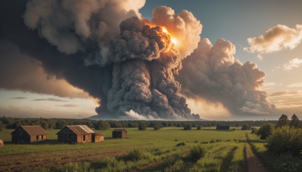 outdoors,sky,day,cloud,tree,blue sky,no humans,window,cloudy sky,grass,fire,building,nature,scenery,forest,smoke,sunset,road,explosion,house,artist name,signature,monster,field