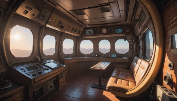 sky,cloud,indoors,no humans,window,chair,sunlight,scenery,reflection,science fiction,sun,tiles,light,tile floor,washing machine,seat,realistic,spacecraft,cockpit